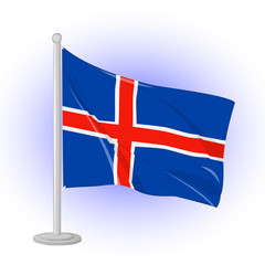Flag of Iceland flapping on the wind. Icon for your design isolated on blue background in cartoon style for Independence Day. Vector illustration. Holiday Collection.