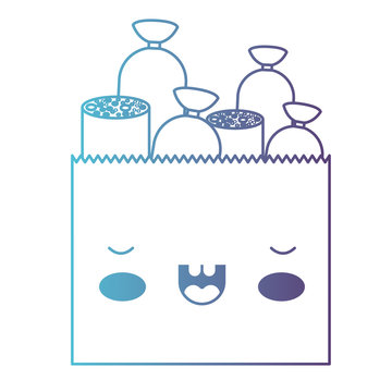 kawaii paper bag with pieces of sausages in degraded blue to purple color contour