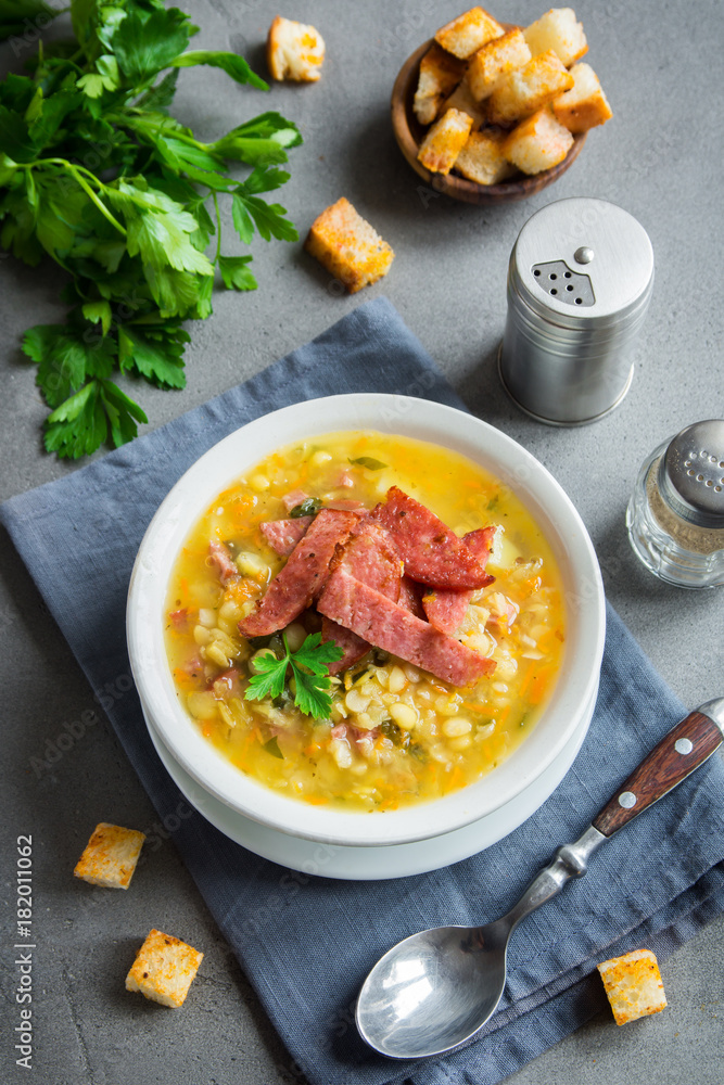 Canvas Prints split pea soup with smoked ham and croutons