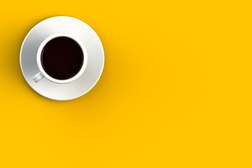 Morning coffee concept on yellow background, Top view with copyspace for your text, 3D rendering