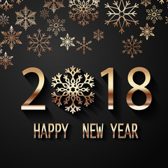 Fototapeta na wymiar Happy New Year 2018 text design. Vector greeting illustration with golden numbers and snowflake