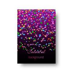 Background of a brochure with shiny colored paper confetti flying on a purple backdrop for a Christmas design