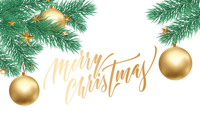Merry Christmas trendy golden quote calligraphy font on white snow background for winter holiday design template. Vector Christmas tree star ornament decoration and golden New Year lettering