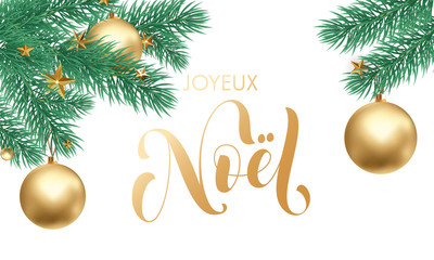 Joyeux Noel French Merry Christmas holiday golden hand drawn calligraphy text greeting and gold star or ball on fir tree branch in white snow for card design. Vector Christmas golden lettering font