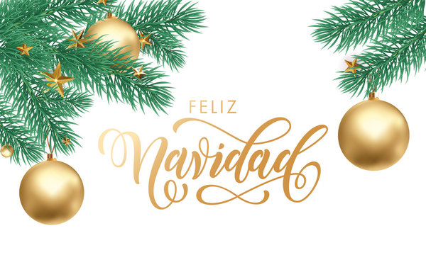 Feliz Navidad Spanish Merry Christmas hand drawn golden calligraphy and Christmas gold ball and star decoration ornament. Vector winter New Year holiday greeting card white snow background template