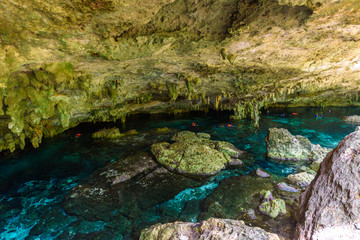 Cenote Dos Ojos in Quintana Roo, Mexico. People swimming and snorkeling in clear water. This cenote is located close to Tulum in Yucatan peninsula, Mexico.