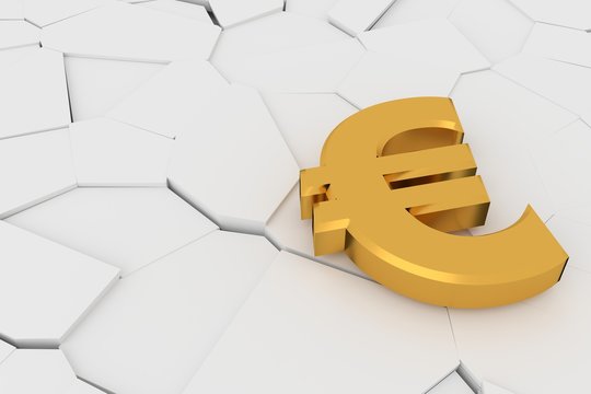 Euro sign on the cracked ground. 3D rendering.