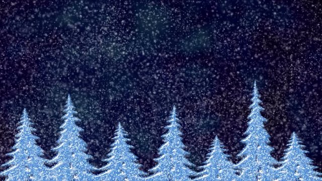 White snow and frost covered pine trees with snowflakes falling on the snowy night, winter seasonal scene with forest and snow, frosty landscape, festive background, abstract illustration, animation