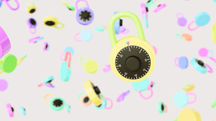 Floating Vibrantly chrome combination lock Against a background of similarly brightly chrome combination locks