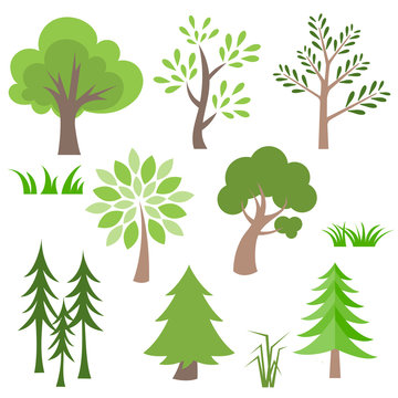 Different  tree and grass vector icon set.
