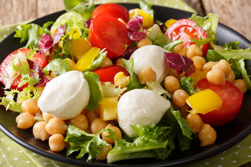 salad of chickpeas, mozzarella, tomatoes, peppers and lettuce close-up. horizontal