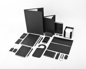 Set of black elements for corporate identity design on a white background.