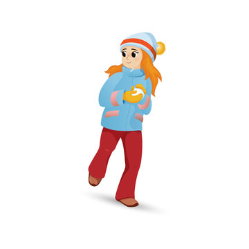 Pretty girl in warm clothes making snowball, winter activity, retro cartoon vector illustration isolated on white background. Happy girl playing snowballs, making snow ball, winter outdoor activity