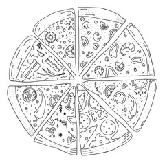 Pizza slices of different kinds: pepperoni, sea food, chilie, bacon. Vector illustration doodle on white background 