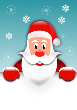 cartoon santa claus on the sky with snow flakes background