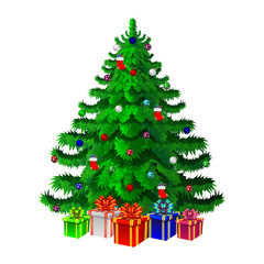 Realistic vector Christmas tree with gifts.