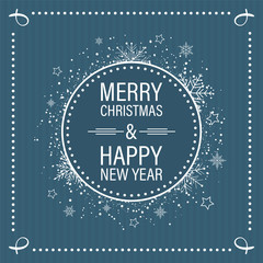 Christmas and New Year wishes in vintage flat style with decorative frame, snowflakes, snow and stars. Vector design.