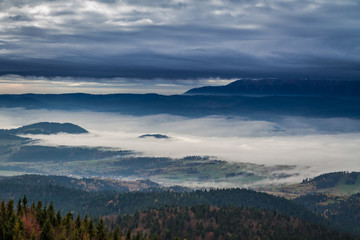 Foggy sunrise in the Tatra Mountains in autumn, Poland