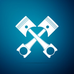 Two crossed engine pistons icon isolated on blue background. Flat design. Vector Illustration