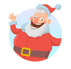 Christmas card with funny Santa Claus smiling and waving hand. Santa waves hello. Isolated on white background. Round design element, sticker. Cartoon character vector illustration.