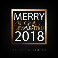 Merry Christmas and Happy New Year 2018. Christmas flat designed background with gold color. Calligraphic text