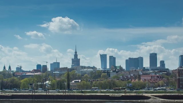 Hyper lapse of Warsaw' city skyline.
