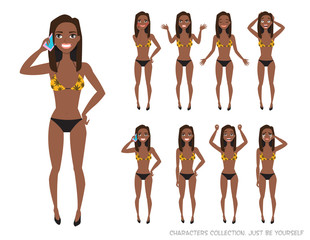 Set of emotions and gestures to the young black african american woman.