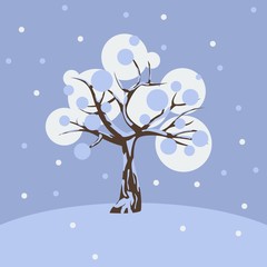 Editable Tree and Snowfall in Winter Season Vector Illustration in Flat Style