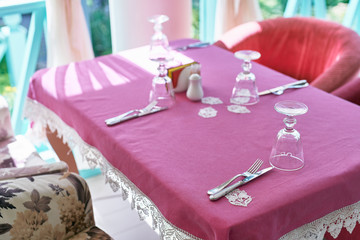 Closeup purple serving table 