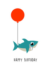 cute little shark happy birthday greeting with balloon