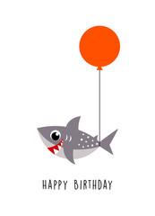 cute little shark happy birthday greeting with balloon