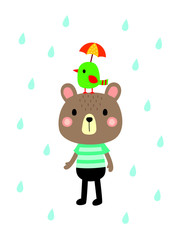 cute teddy bear and bird in rain vector