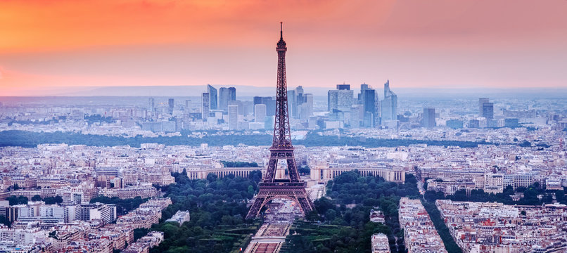 Fototapeta Paris, France. Charming sunset city skyline.