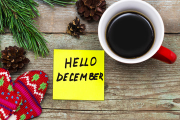  Hello December- handwriting in black ink on a sticky note with a cup of coffee and mittens, New Year resolutions concept © Oleksandr