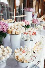 Wedding candy bar rich served with pink hydrangeas, white cookies and chocolates, eclairs and macaroons