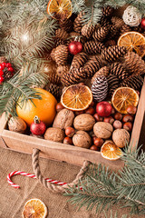 Box with Christmas decoration, nuts, cones