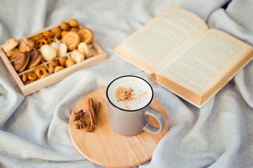 Cup of hot cappuccino with book and cookies soft plaid
