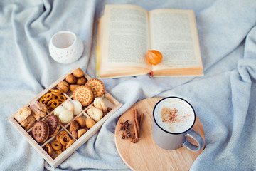 Cup of hot cappuccino with book and cookies soft plaid
