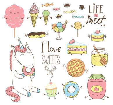 Set Of Different Hand Drawn Sweet Food Doodles, With Kawaii Cartoon Faces, Wings, Arms And Legs, Unicorn Eating Donut, Typography. Isolated Objects On White Background. Design Concept Dessert, Kids.