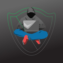 Hacker is using computer to attack vector illustration