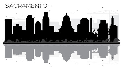 Sacramento City skyline black and white silhouette with Reflections.
