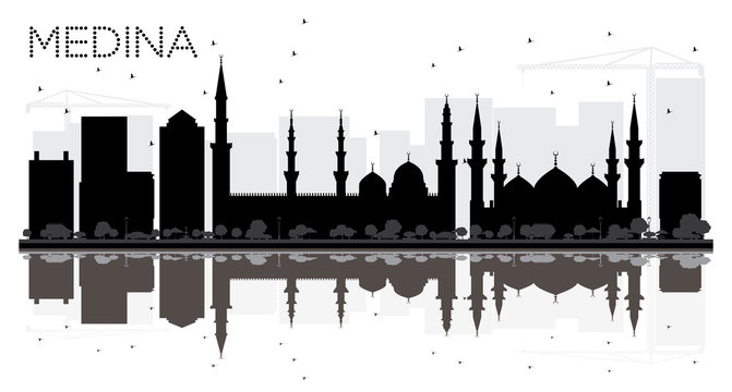 Medina Saudi Arabia City skyline black and white silhouette with Reflections.