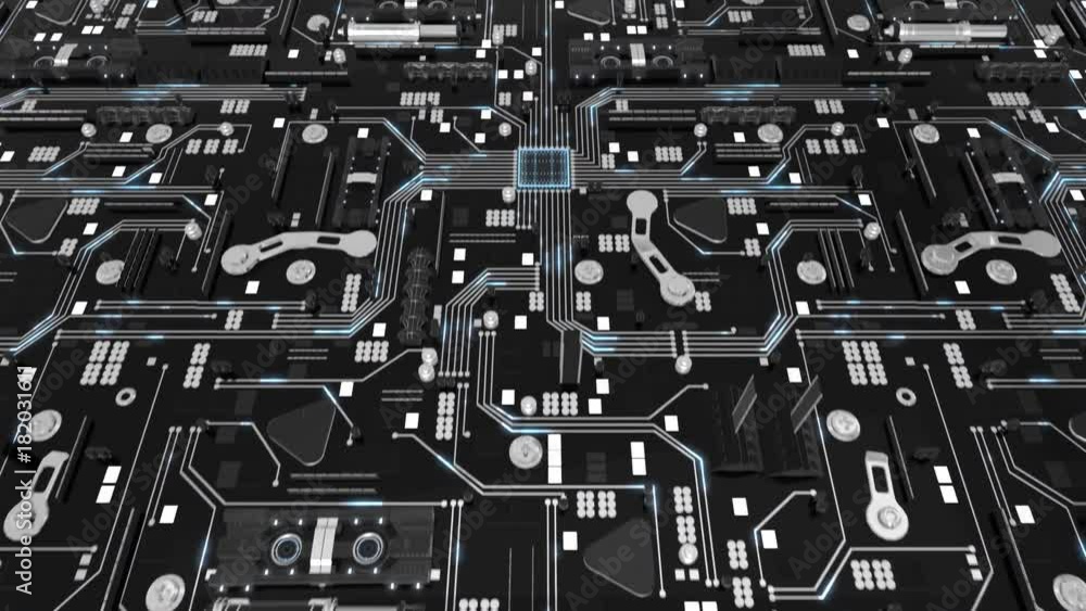 Poster seamless looping 3d animated futuristic motherboard with the animated word “application” in 4k resol