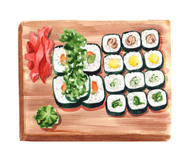 sushi set on wooden serving board. Vegetarian rolls serving with ginger and wasabi on special plate, top view watercolor illustration