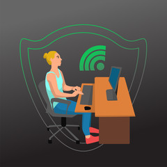 Woman working on her laptop by the desk illustration on white background