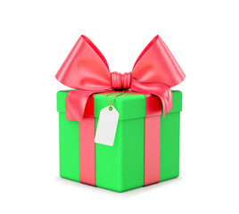 Gift box with red ribbon bow isolated on white background. 3D illustration