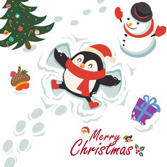 Vintage Christmas poster design with vector penguin, snowman, Santa Claus, elf characters.