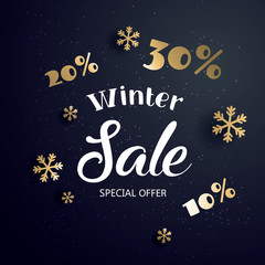 Christmas sale  banner with text and snowflake, vector illustration. Can be used as Christmas greeting card, poster or banner. Vector golden glittering stars, snowflakes and lettering