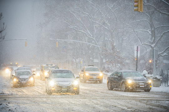 A Winter Snowstorm Brings Traffic To A Slow Crawl On Fifth Avenue. 