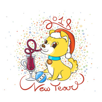Golden dog with the cup of mulled wine and a cake. New Year symbol of 2018.
